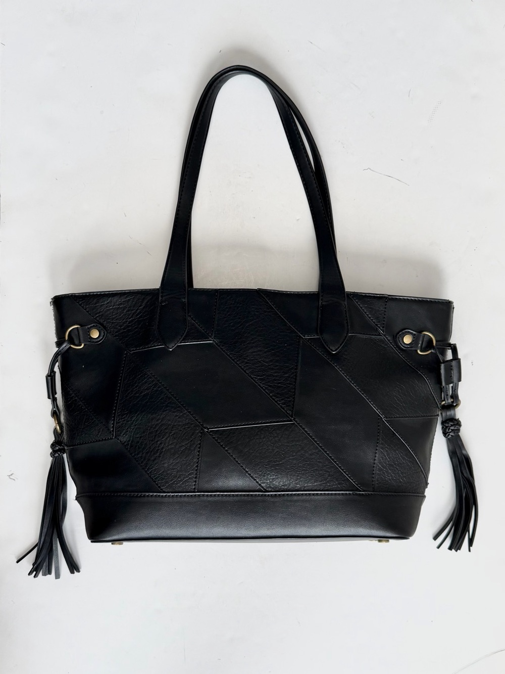 Frye and Co. Black Patchwork Melissa Carryall Vegan Leather Tote Bag Tassels